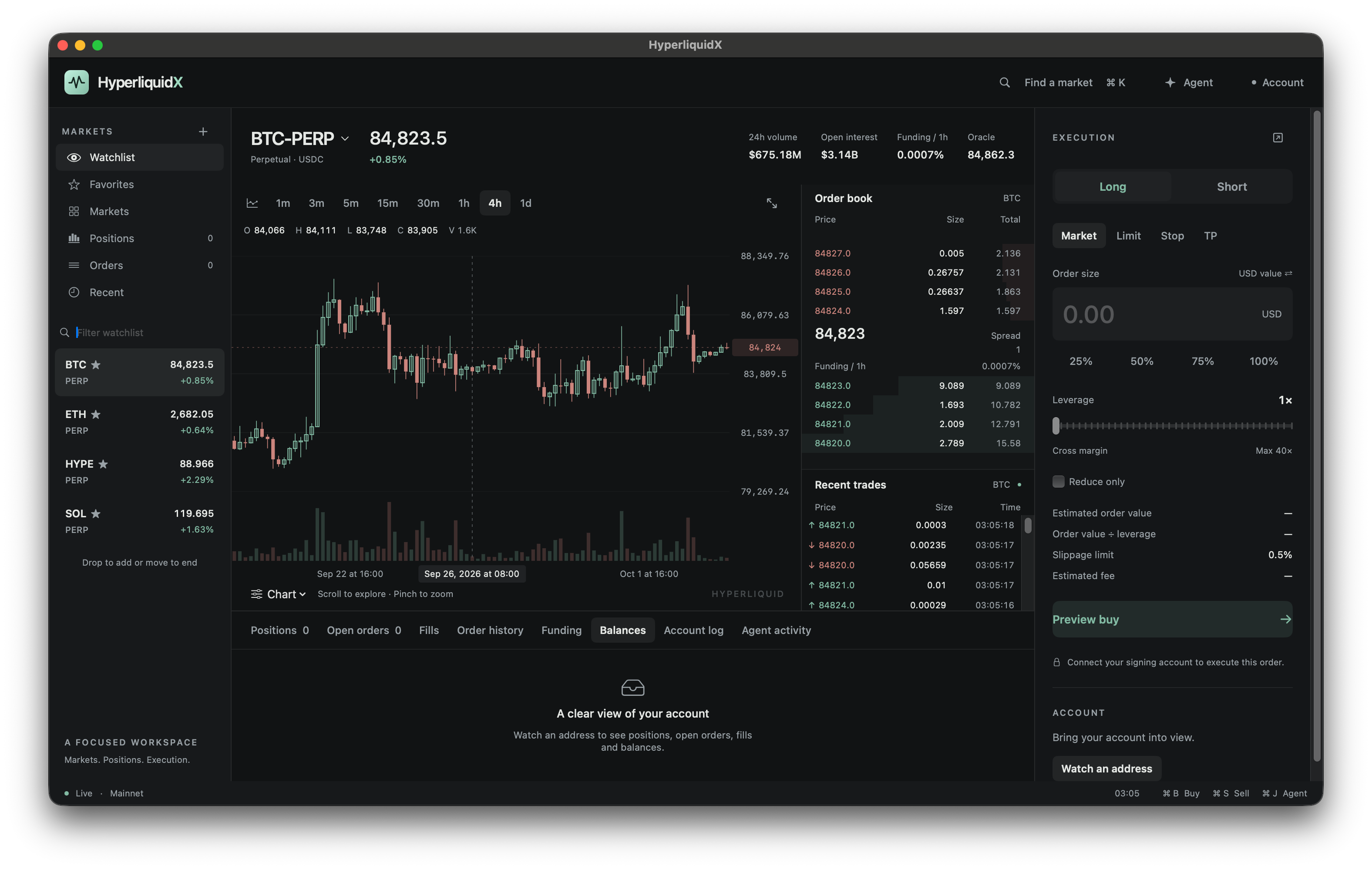 HyperliquidX native Mac app showing the BTC chart, market watchlist, depth, tape and execution panel
